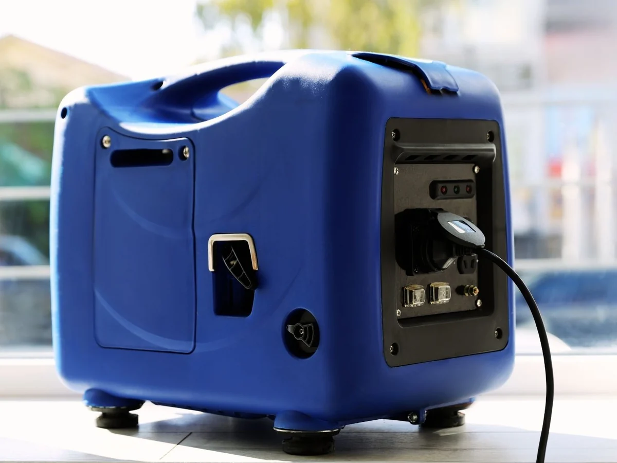 Generador inverter portátil azul conectado en el interior de una casa con luz natural